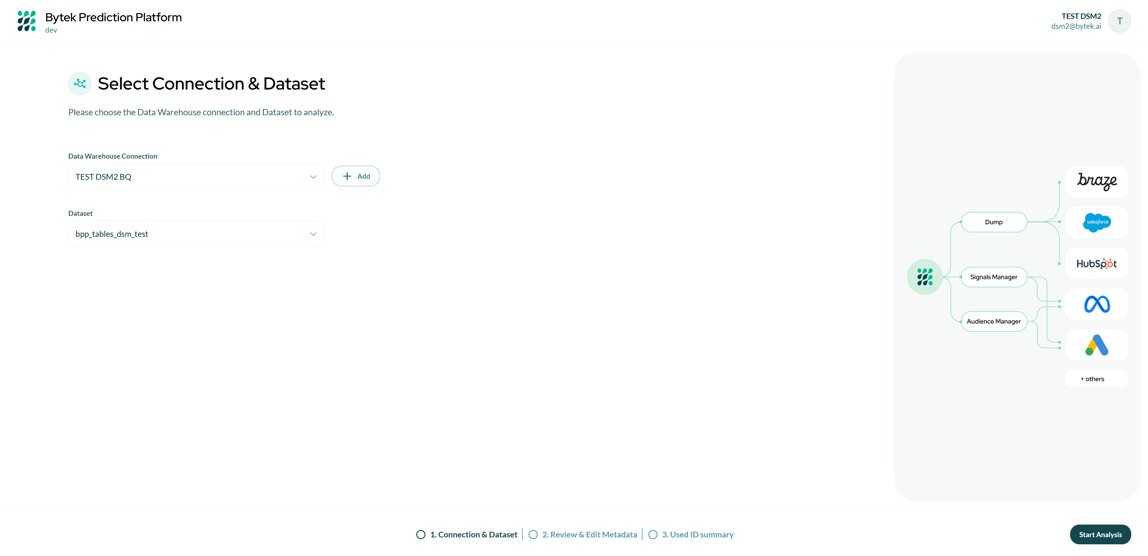 Connection & Dataset screen